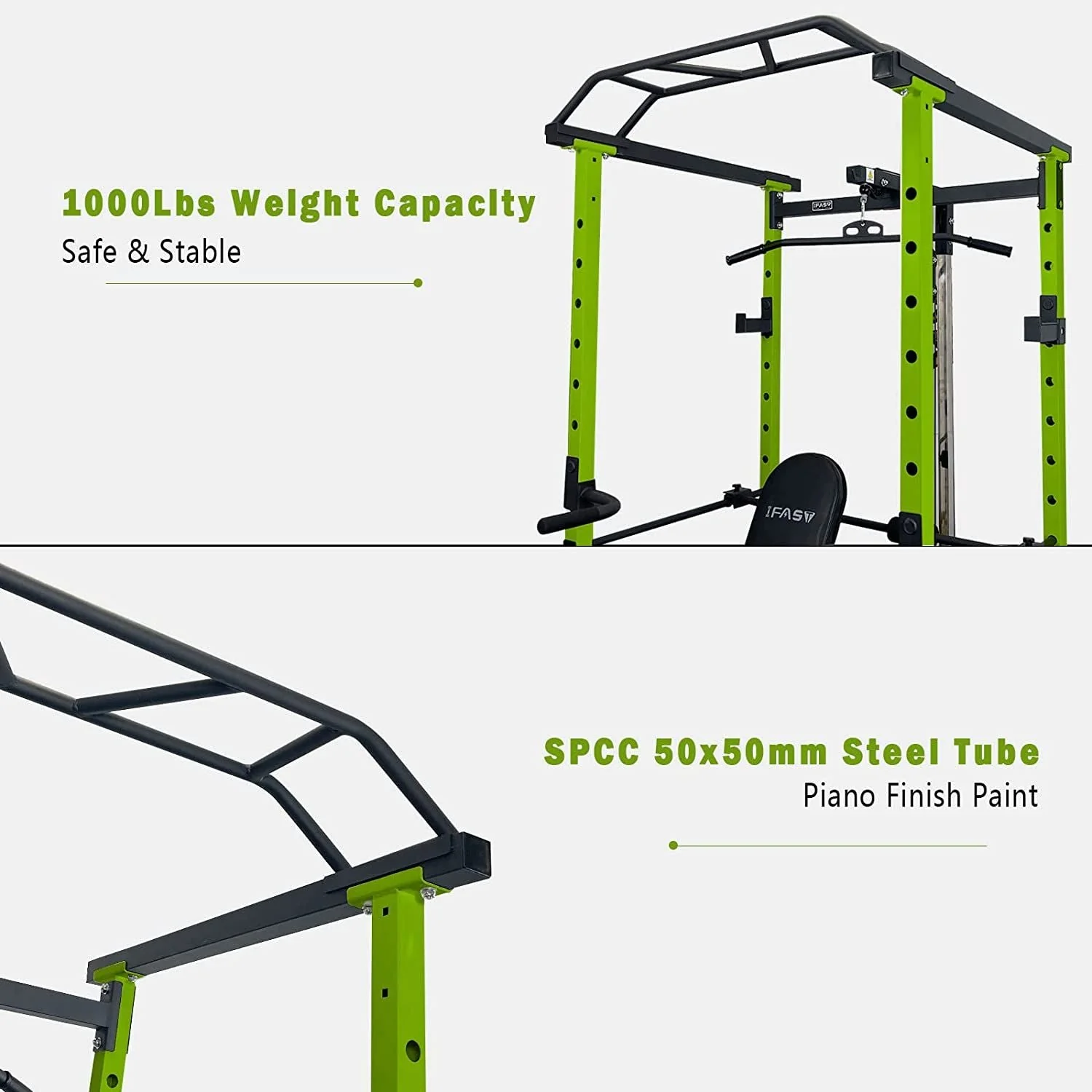 1000 lbs. capacity Green Multi-functional Power Cage, Home Adjustable Pullup Squat Rack Comprehensive Fitness Barbell Rack - Image 7