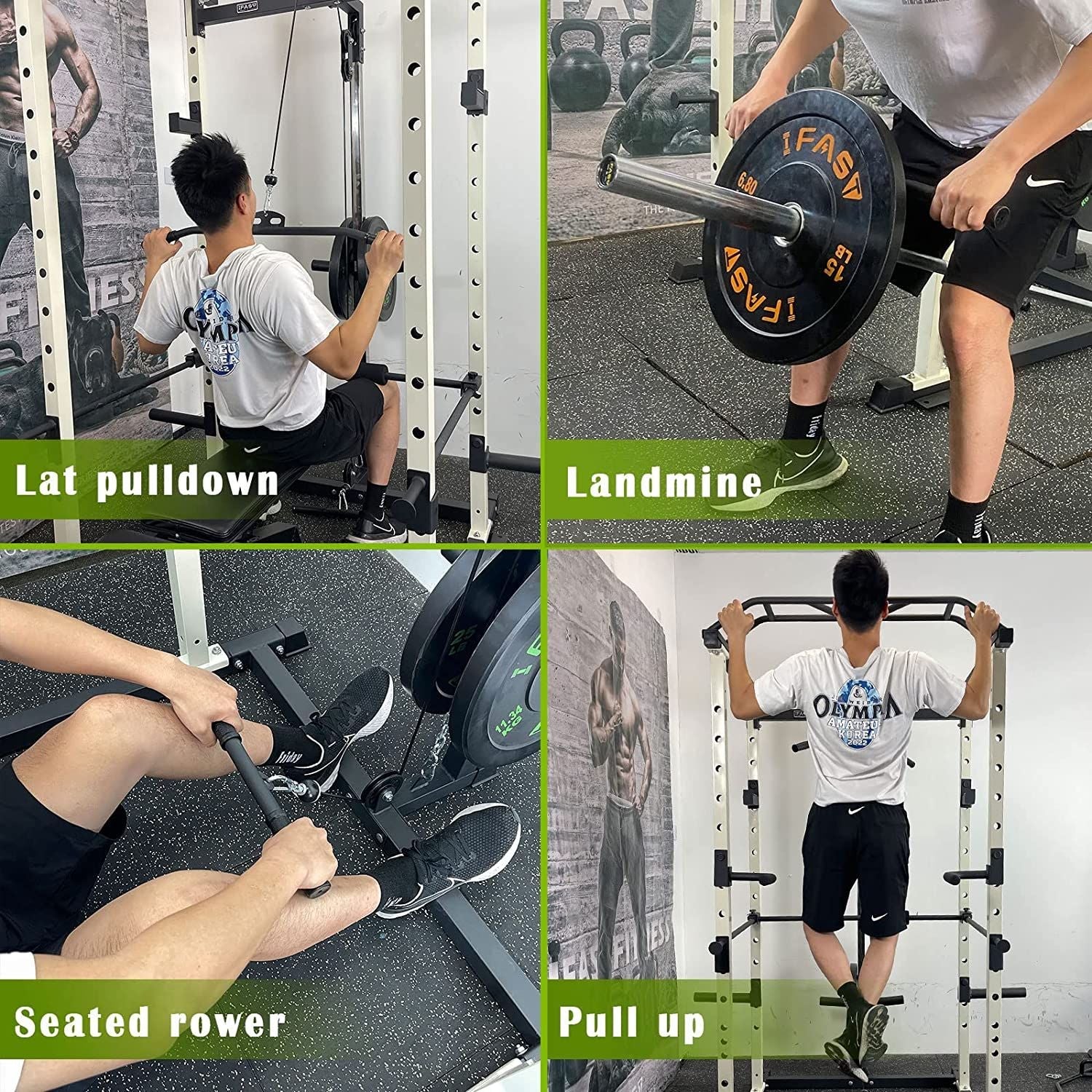 1000 lbs. capacity Green Multi-functional Power Cage, Home Adjustable Pullup Squat Rack Comprehensive Fitness Barbell Rack - Image 9