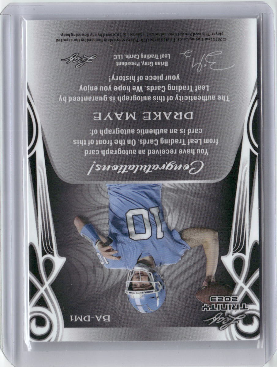 2023 Leaf Trinity Drake Maye #BA-DM1 Autographed #/99 Rookie Football Card - Image 2