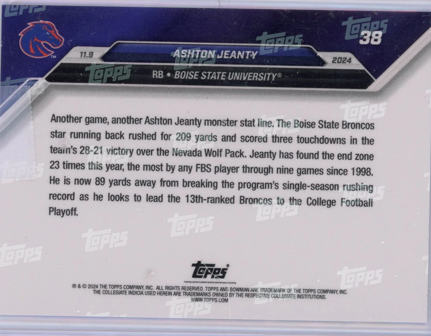 2024 Topps Bowman U Now Ashton Jeanty #38 Blue #/49 Boise State Broncos Rookie RC Football Card - Image 3