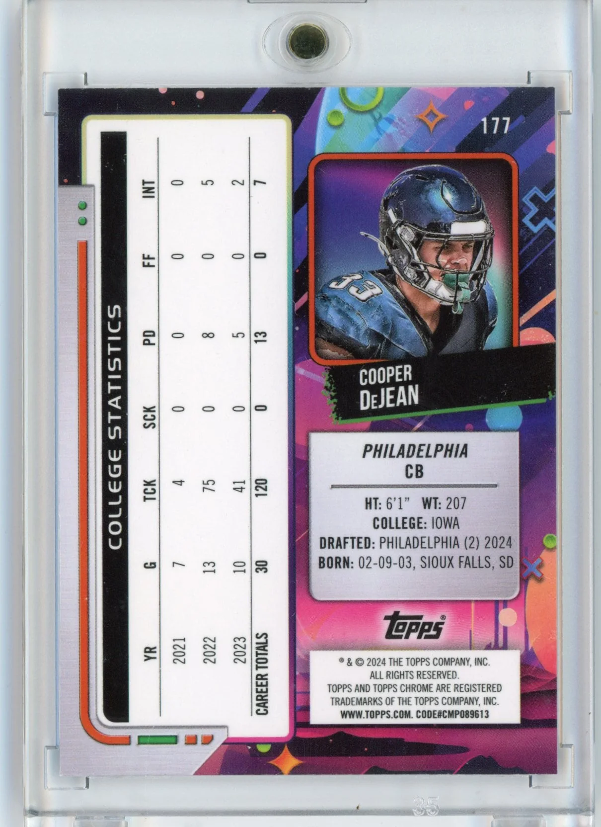 2024 Topps Cosmic Chrome Cooper DeJean #177 Blue Moon Refractor /99 Rookie RC Philadelphia Eagles Football Card - Image 2
