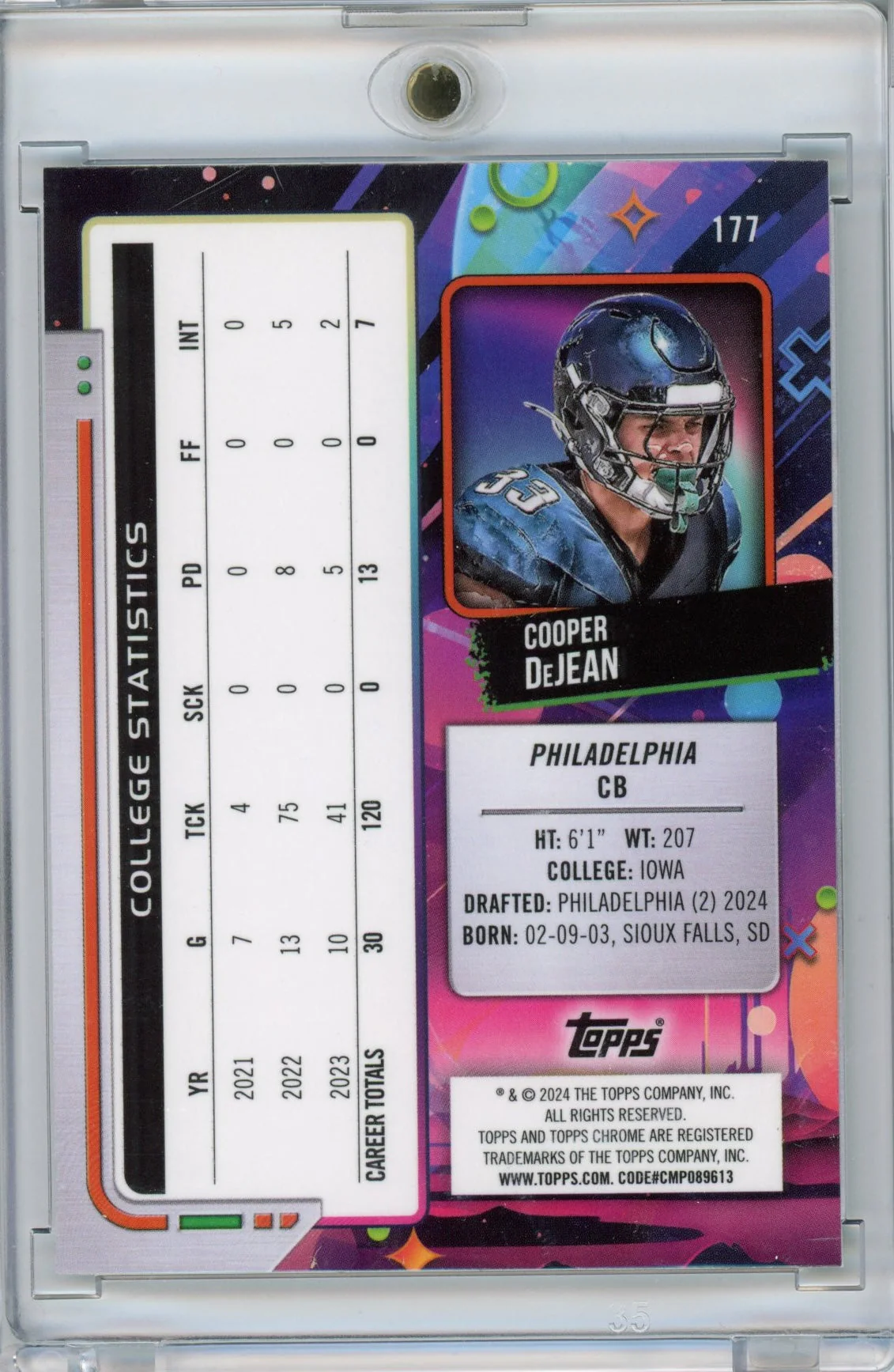 2024 Topps Cosmic Chrome Cooper DeJean #177 Spacedust Refractor /75 Rookie RC Philadelphia Eagles Football Card - Image 2
