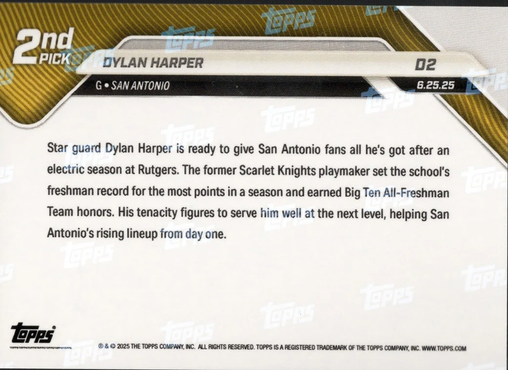 San Antonio Spurs Dylan Harper 2025 Rookie Topps Basketball Card - Image 2