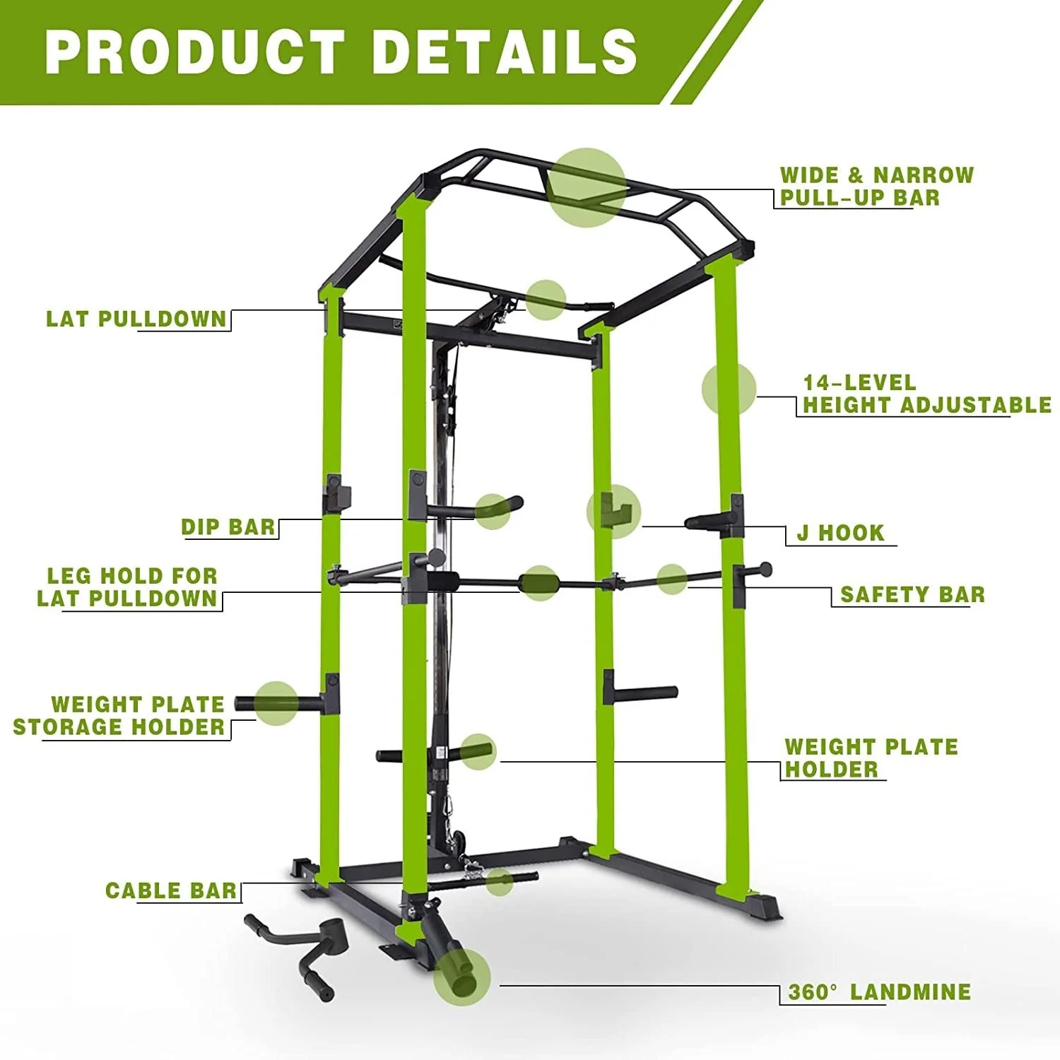 210lb Green Home Gym Set Multi-functional Power Cage, Home Adjustable Pullup power Rack 1000Lbs Capacity Comprehensive Fitness Barbell Rack - Image 14