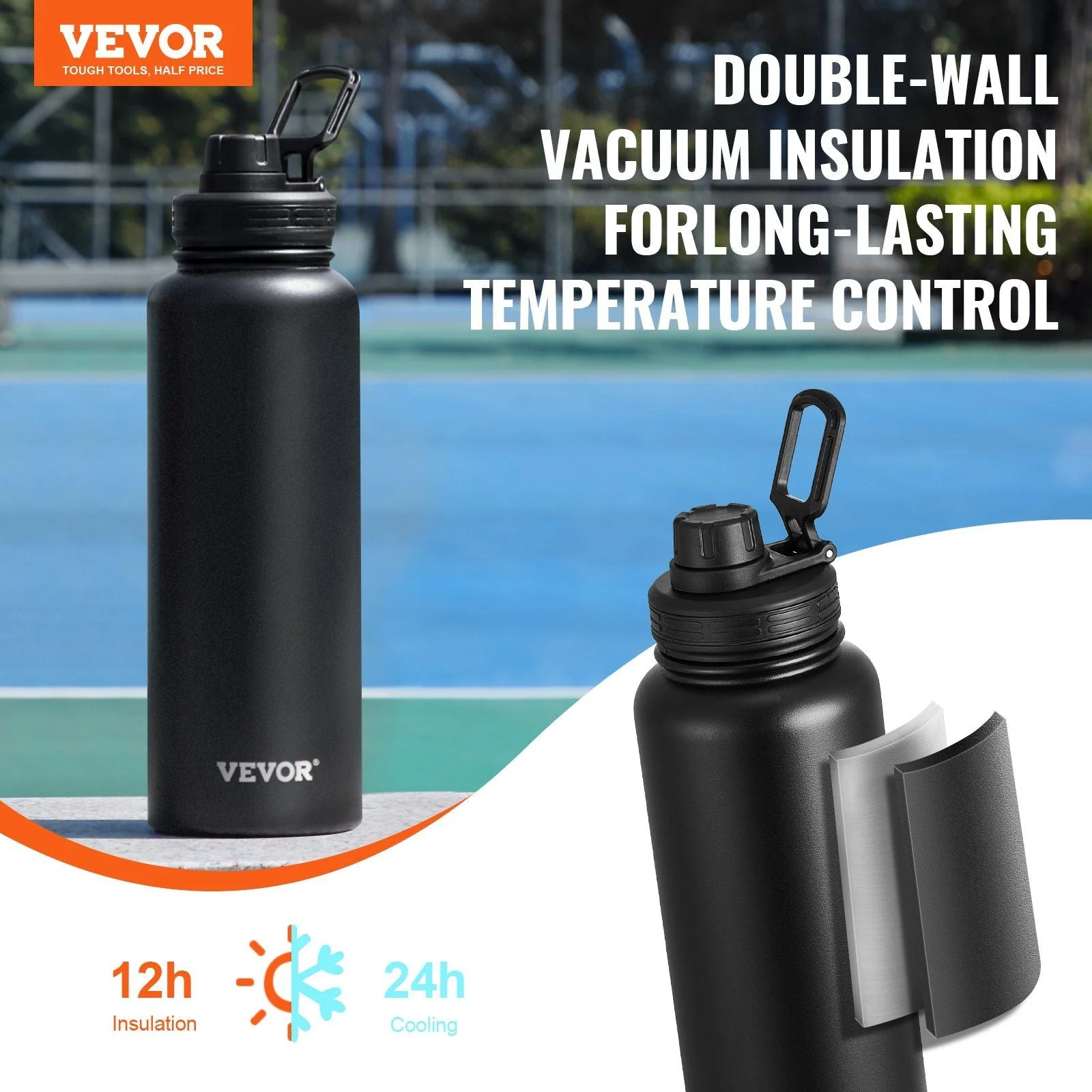 40 Oz tumbler Insulated rambler Stainless Steel with Wide Mouth Lid Black - Image 2