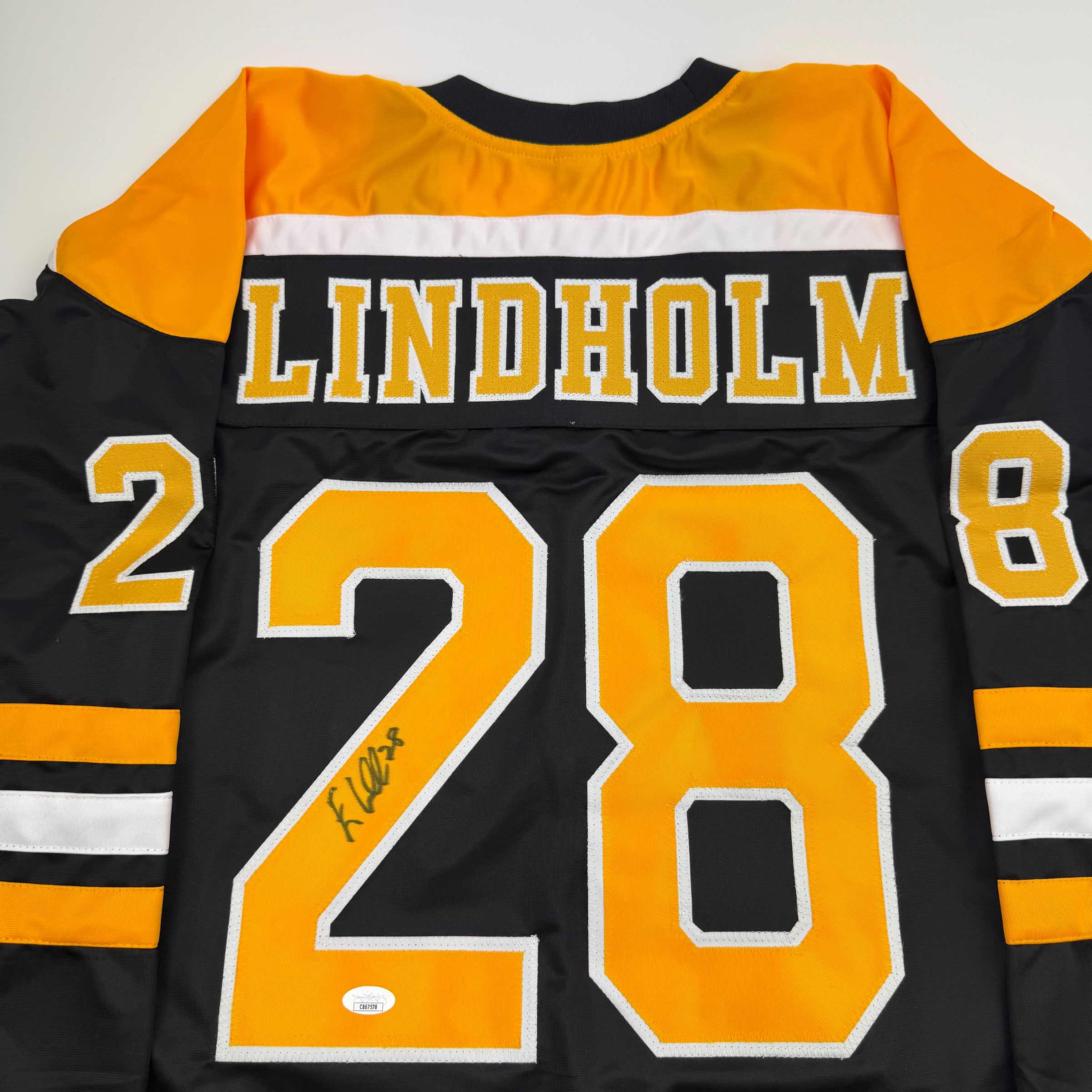Autographed/Signed Elias Lindholm Boston Black Hockey Jersey JSA COA - Image 2