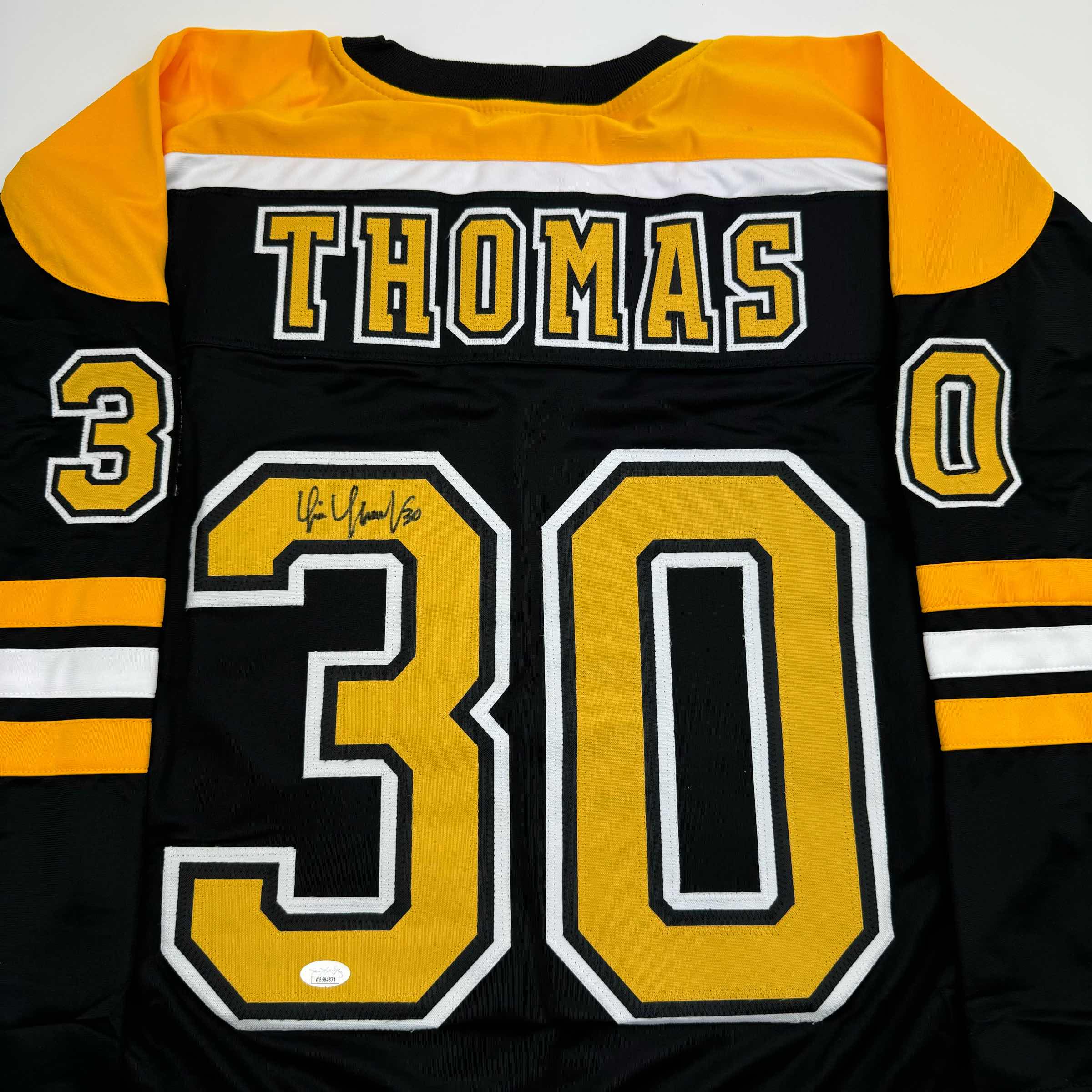 Autographed/Signed Tim Thomas Boston Black Hockey Jersey JSA COA - Image 2