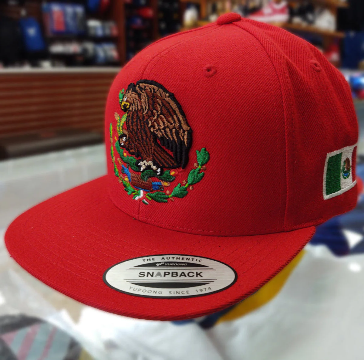 Embroidered Shield & Mexico Flag Red Snapback Hat - Image 2