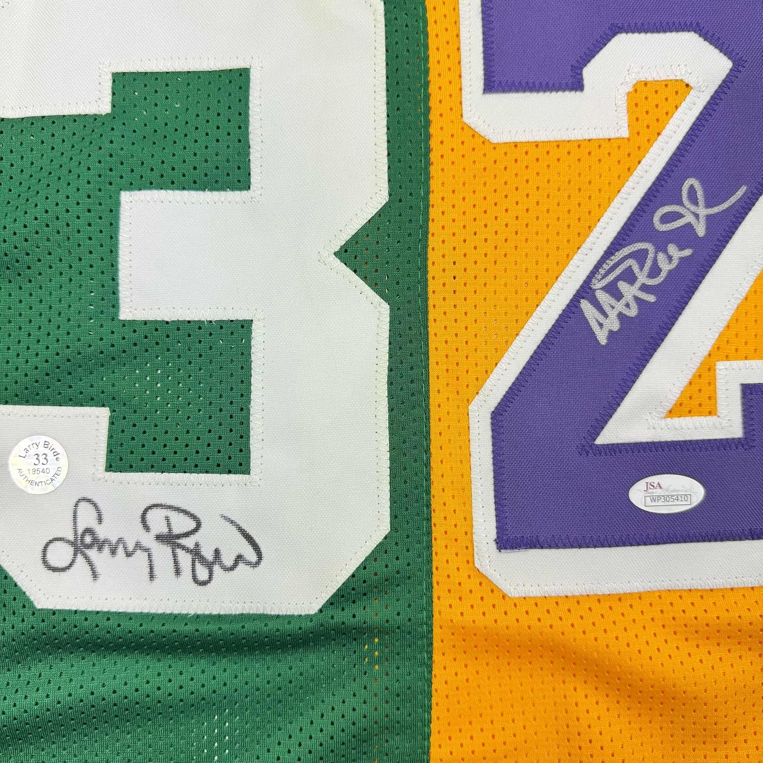 Autographed Larry Bird & Magic Johnson Framed Dual Basketball Jersey - Image 2