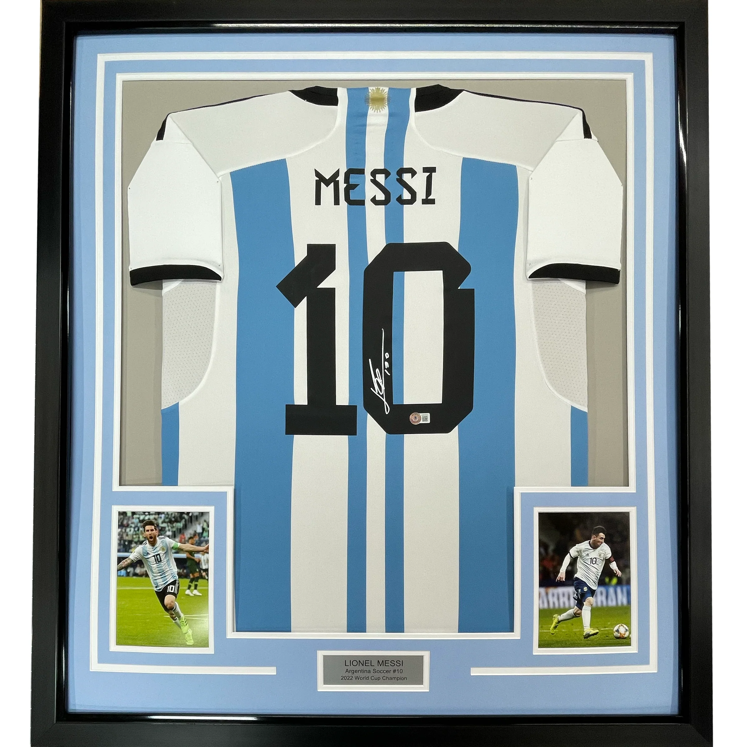 Autographed Lionel Leo Messi 35x39 Argentina Blue/White Framed Soccer Jersey