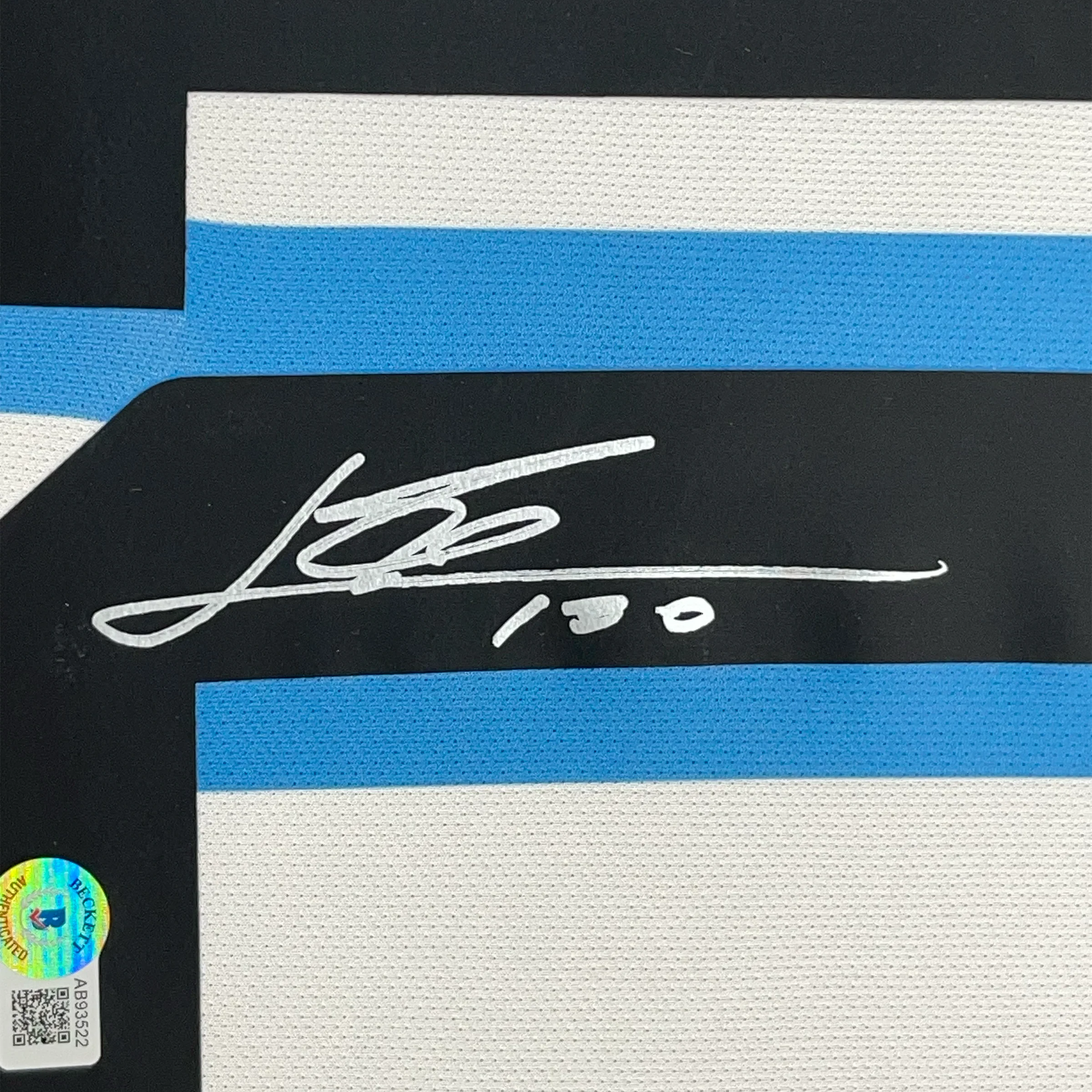 Autographed Lionel Leo Messi 35x39 Argentina Blue/White Framed Soccer Jersey - Image 2
