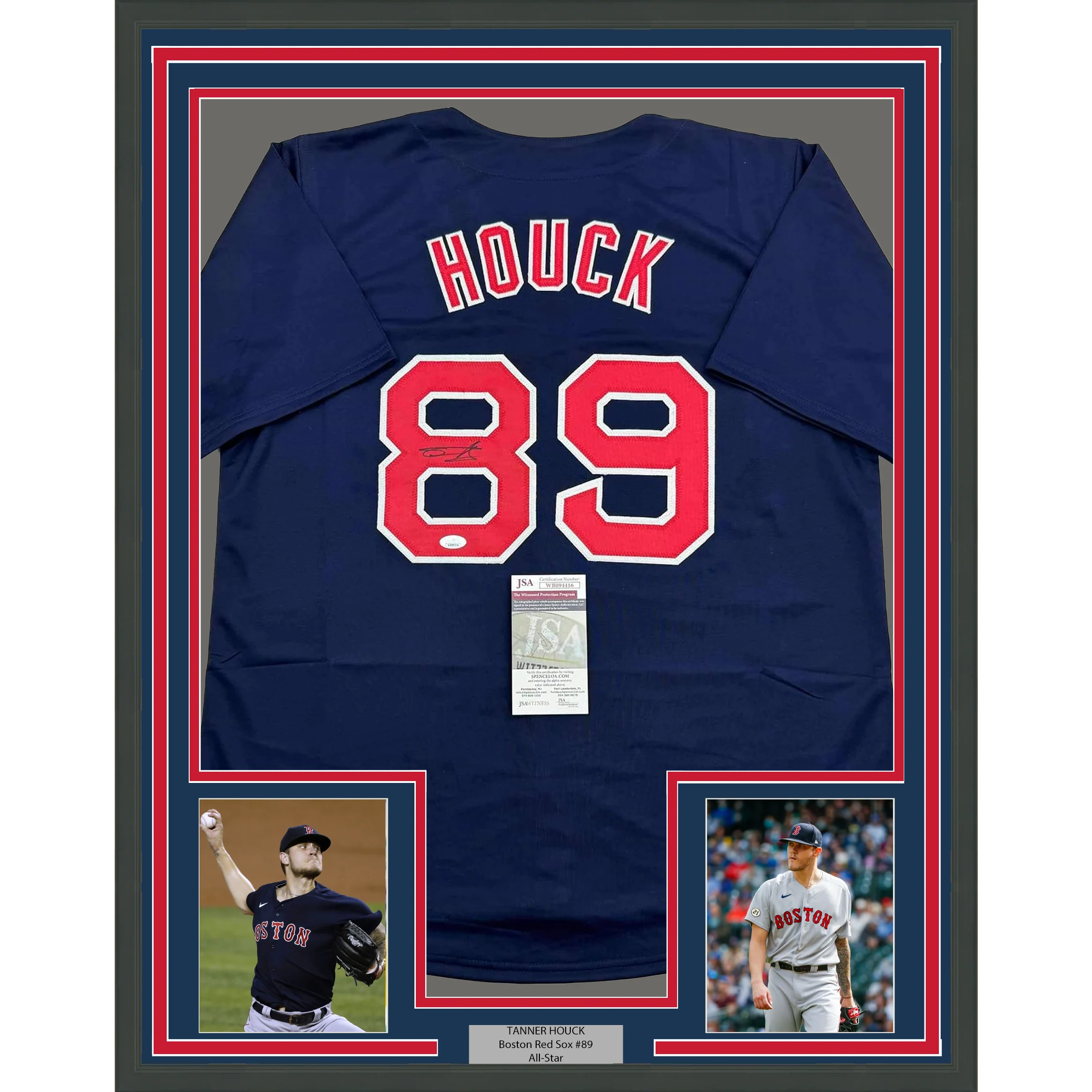 Autographed Tanner Houck 35x39 Boston Blue Framed Baseball Jersey