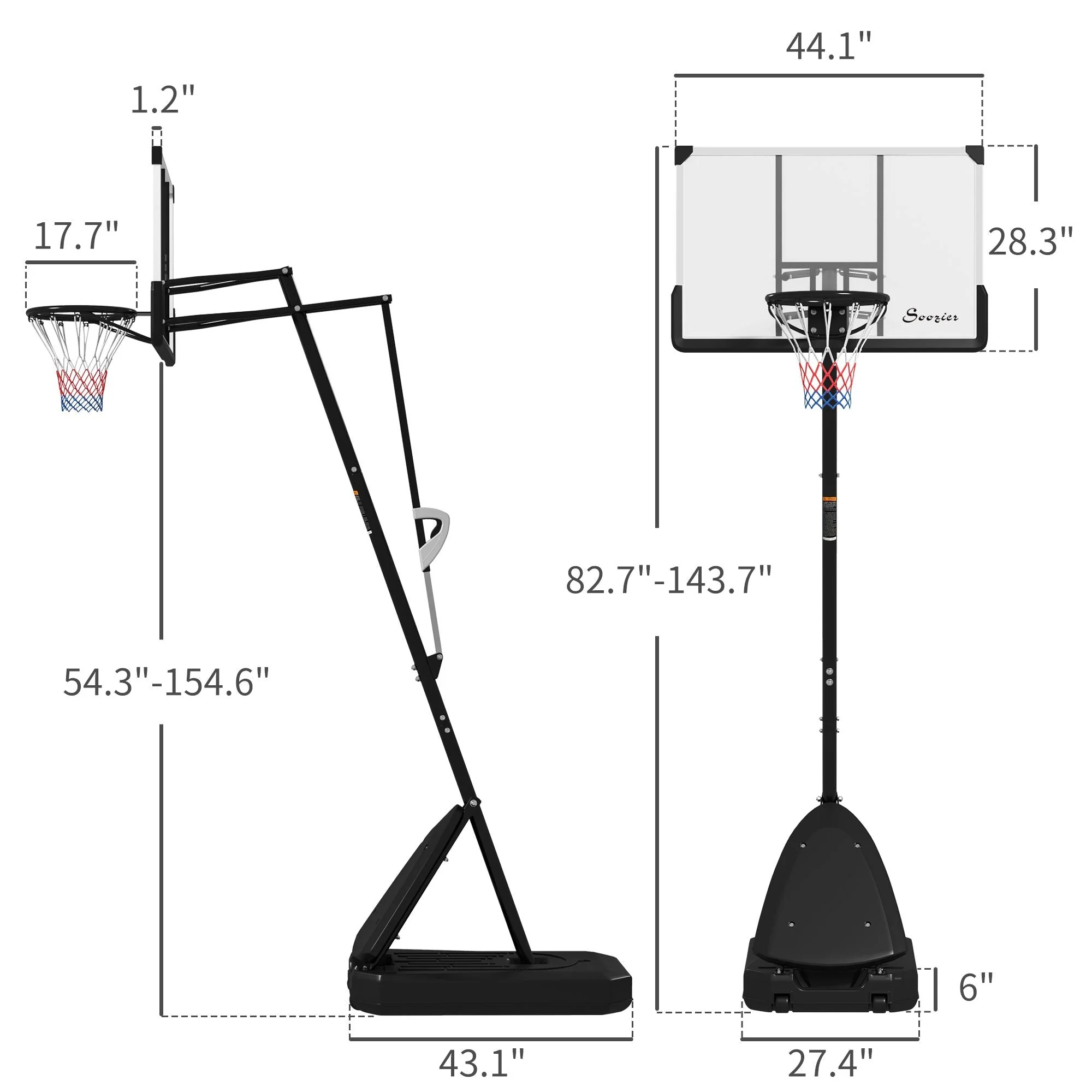 Freestanding Adjustable Basketball Hoop with 44" Shatterproof Backboard & Wheels - Image 3