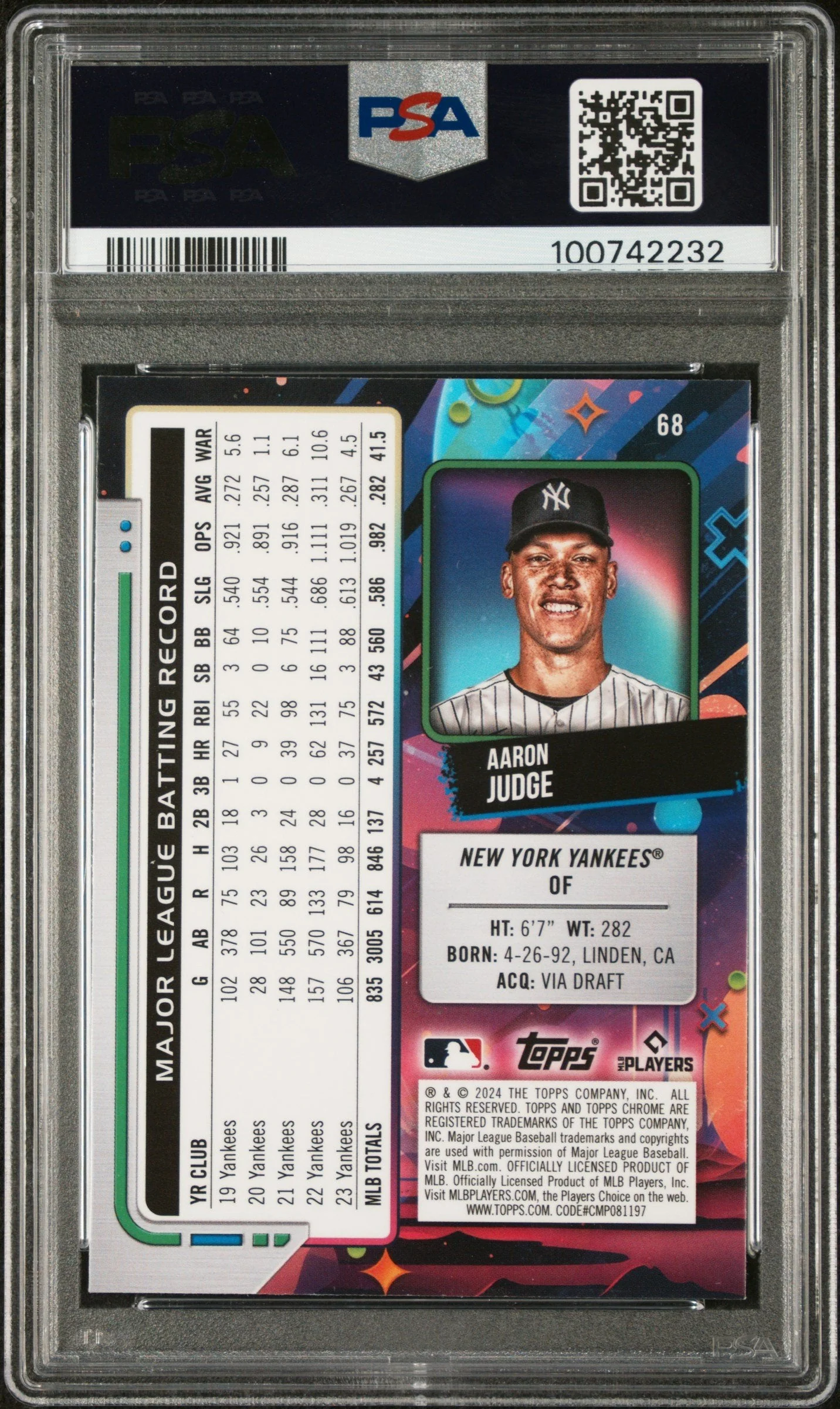 New York Yankees Aaron Judge 2024 Topps Chrome Cosmic #68 Graded Gem Mint Baseball Card - Image 2