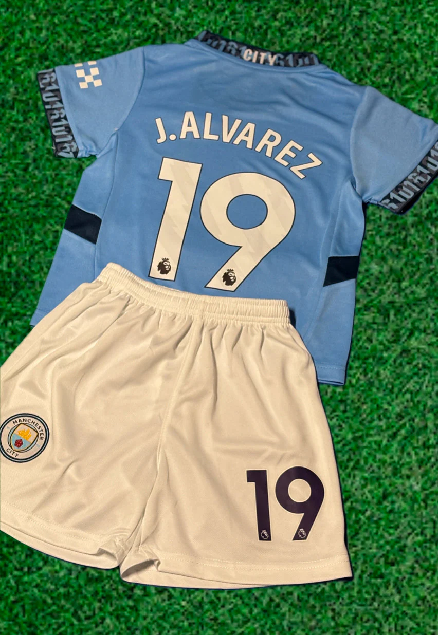 J Alvarez 19 Kids Soccer Jersey Man City Home Kids Youth & Toddler Jersey Kit - Image 3