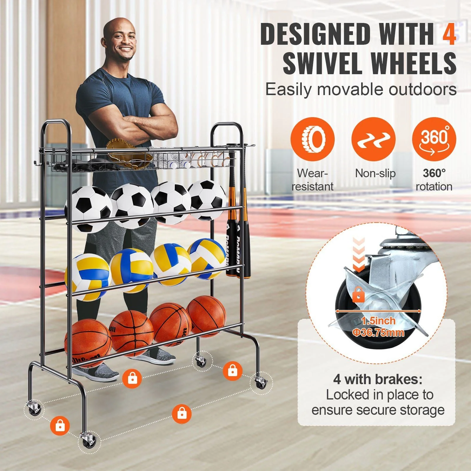 Rolling 4-Layer Basketball Rack with Wheels - Image 4
