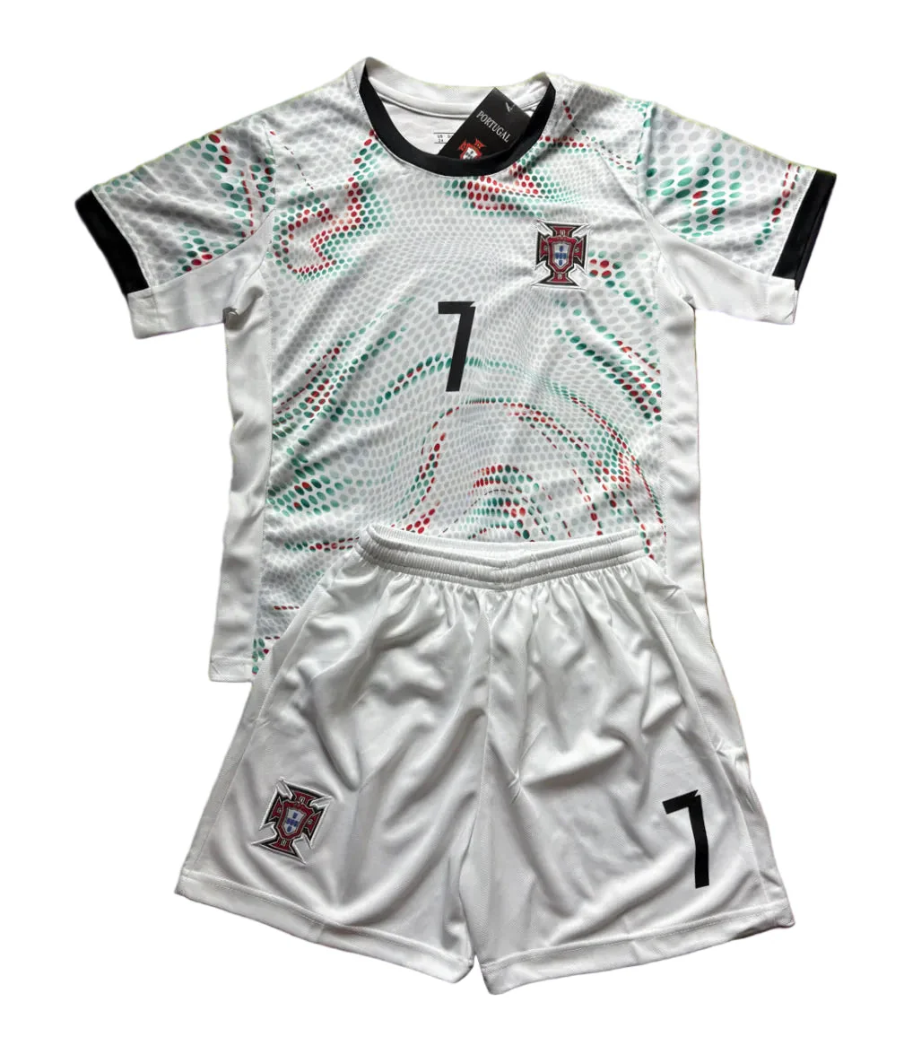 Ronaldo Portugal 2025 Away White Kids Soccer Jersey Kit 2 Piece Set