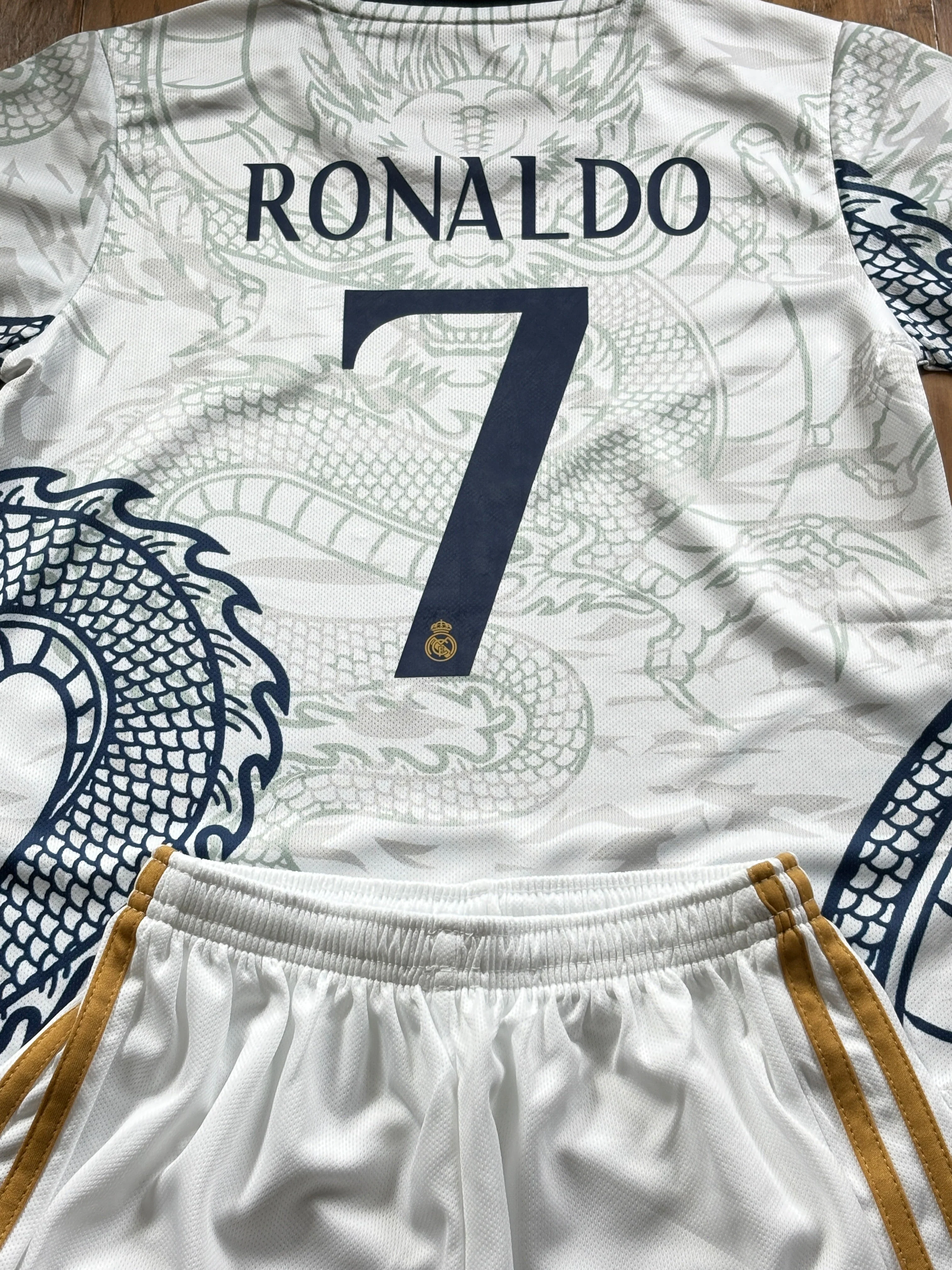 Ronaldo White Dragon Home Edition Kids Soccer Jersey Kit - Image 4