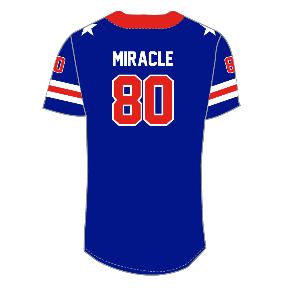 USA 1980 Miracle Embroidered Cotton Blue Baseball Jersey - Image 3