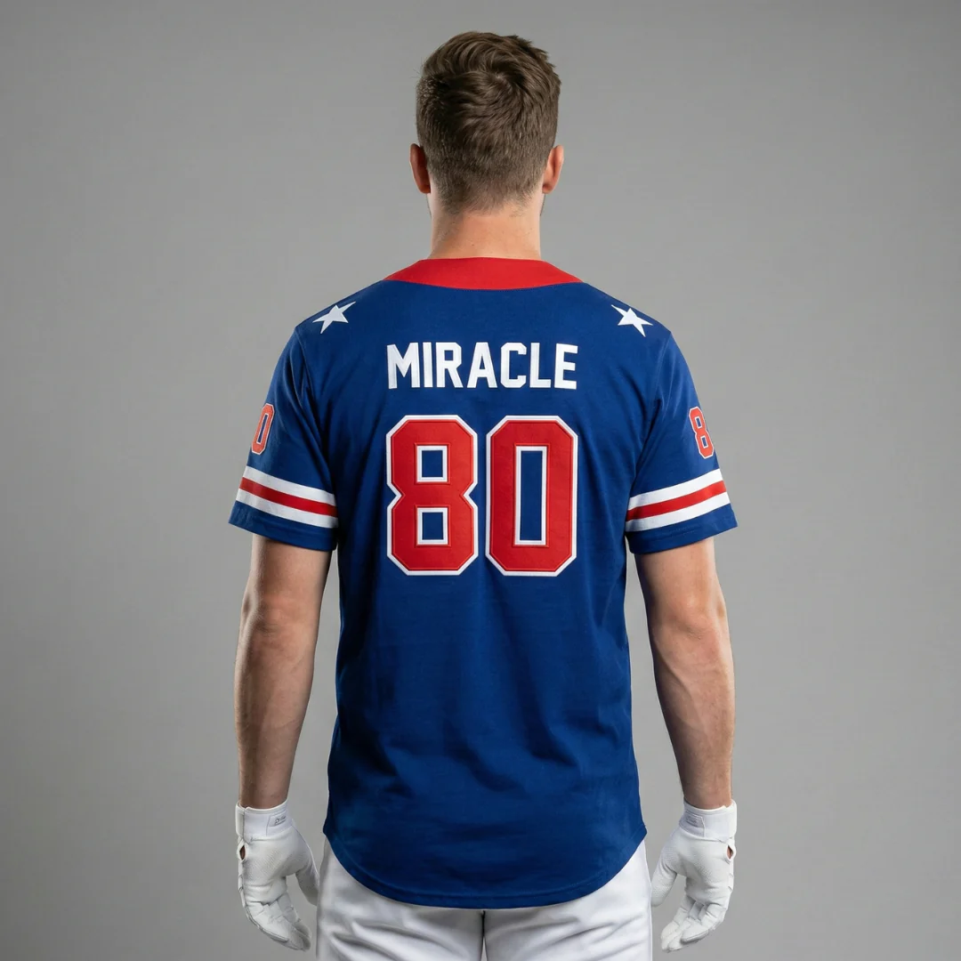 USA 1980 Miracle Embroidered Cotton Blue Baseball Jersey - Image 4